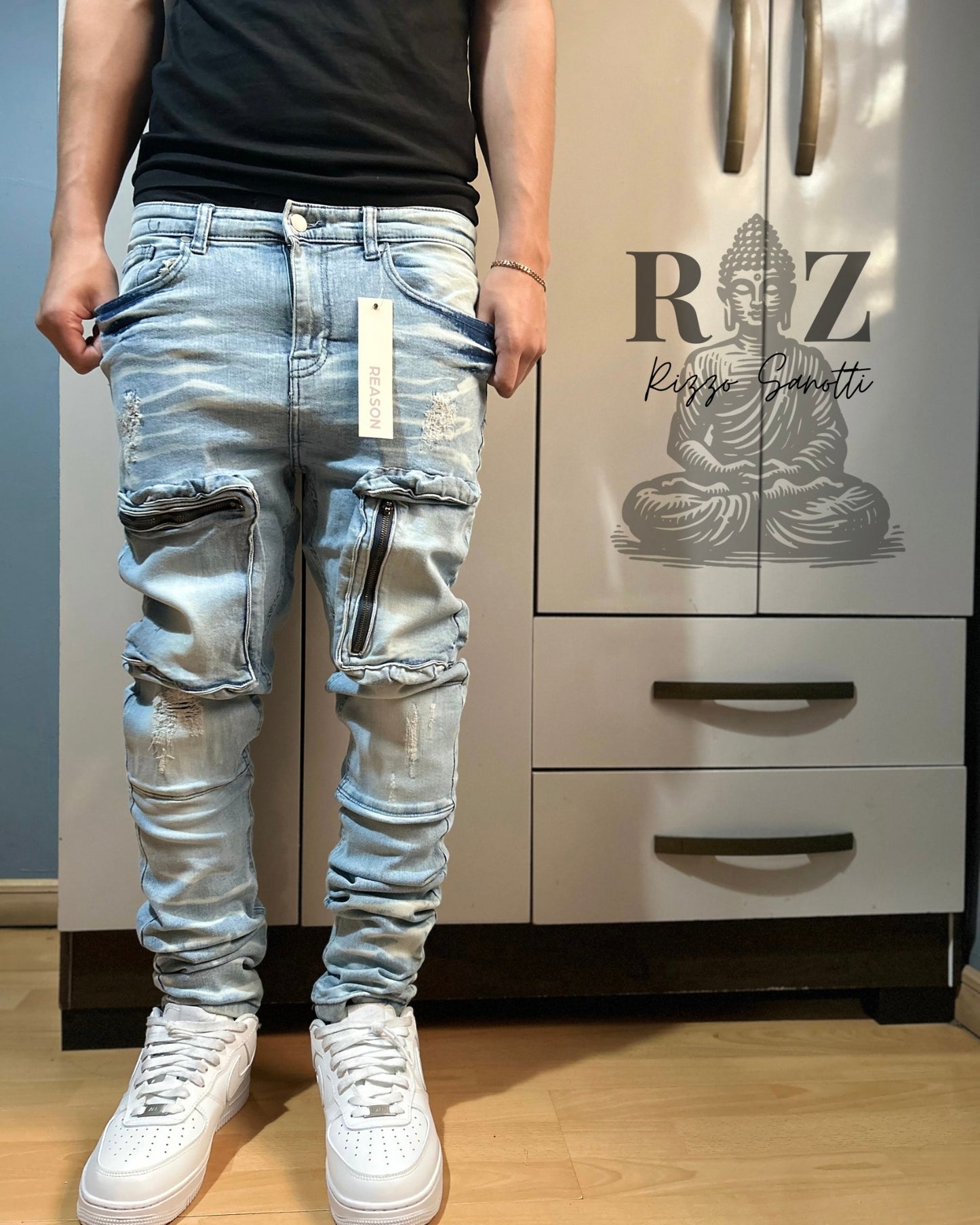 No Less Distressed Skinny Cargo Jeans