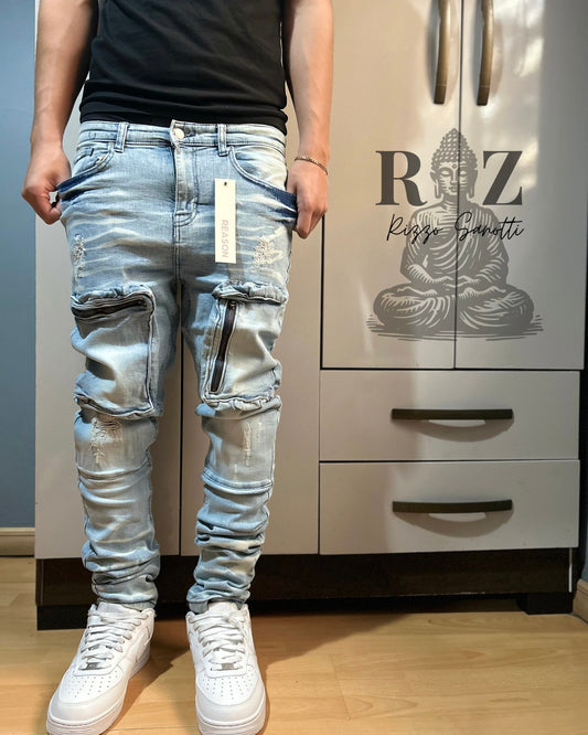 No Less Distressed Skinny Cargo Jeans